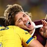 BRISBANE, AUSTRALIA - JULY 25: Reece Walsh of the Broncos is tackled during the round 21 NRL match between Broncos and Eels at Suncorp Stadium, on July 25, 2025, in Brisbane, Australia. (Photo by Chris Hyde/Getty Images)