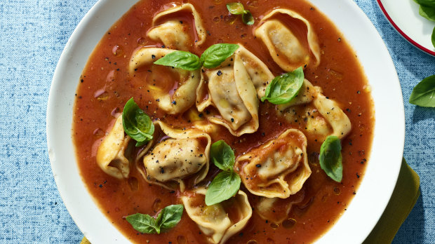 This simple slow-cooker tomato soup with shop-bought tortellini is  pure comfort