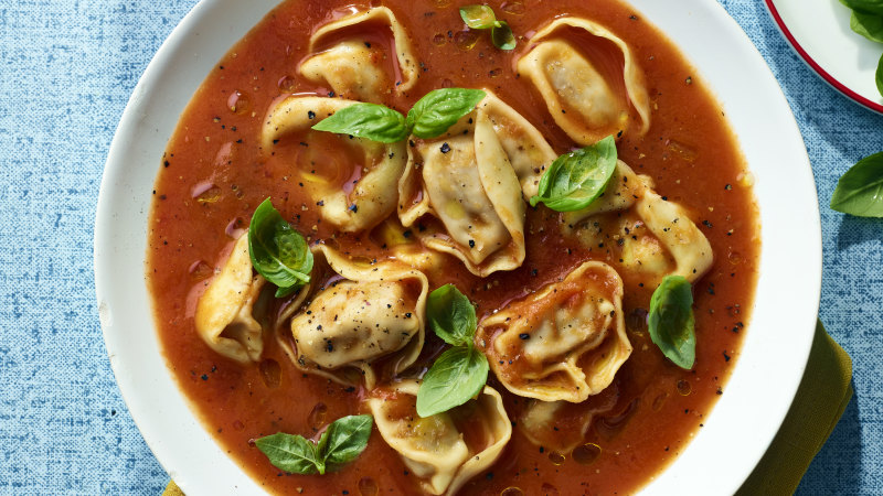 This simple slow-cooker tomato soup with shop-bought tortellini is  pure comfort