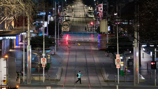 A quiet Bourke Street on Monday night. 