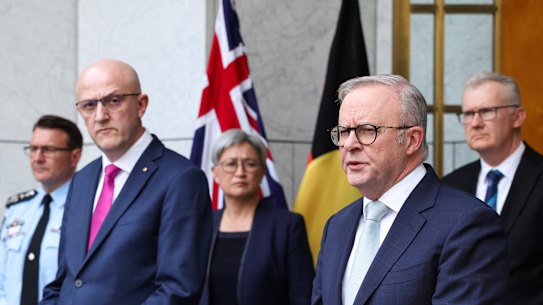 AFP Commissioner Reece Kershaw, ASIO director-general of security Mike Burgess, Foreign Affairs Minister Penny Wong, Prime Minister Anthony Albanese and Home Affairs Minister Tony Burke at Parliament House on Tuesday.