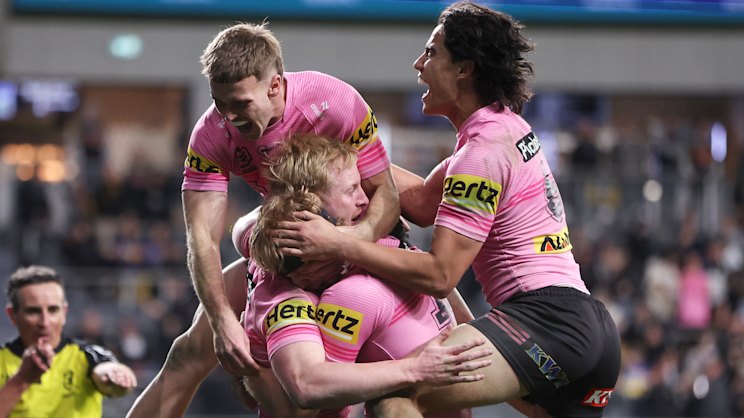 Jack Williams celebrating his opening try for Parramatta