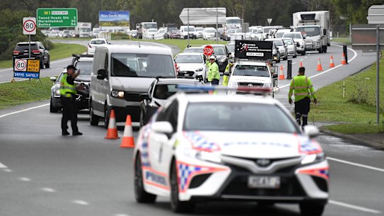 Queues of vehicles at the Queensland-New South Wales border checkpoint in Coolangatta on the Gold Coast on Monday, December 21.