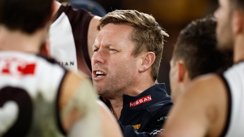 Hawthorn Hawks coach Sam Mitchell takes a swipe at call that cost Nick Watson a goal in their win at Marvel Stadium against Ross Lyon and the St Kilda Saints