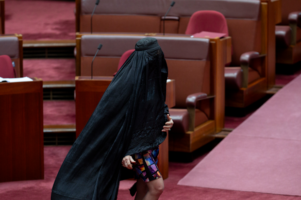Senatör Pauline Hanson, Canberra'daki Parlamento Binası'nda burka giyerken.