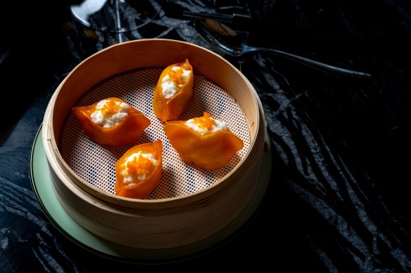 Prawn dumpling, egg white cloud, flying fish roe.