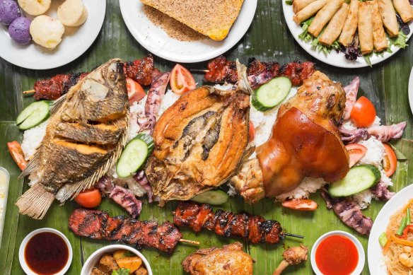 A huge spread of Filipino food.