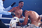 GOLD COAST, AUSTRALIA - JANUARY 08: Jai Opetaia knocks down David Nyika during the IBF And Ring Magazine Cruiserweight World Title Fight between Jai Opetaia and David Nyika at the Gold Coast Convention Centre on January 08, 2025 in Gold Coast, Australia. (Photo by Chris Hyde/Getty Images)