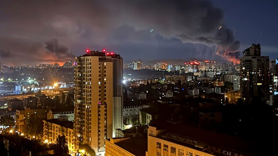 Smoke rises after a Russian strike on Kyiv, Ukraine.