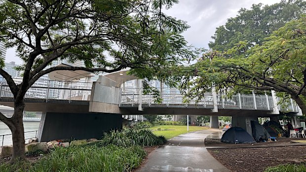 Boulders were placed under the Kurilpa Bridge to prevent rough sleeping. However, people regularly return to sleep under its shelter, with tents pictured on Thursday, May 30, 2026.