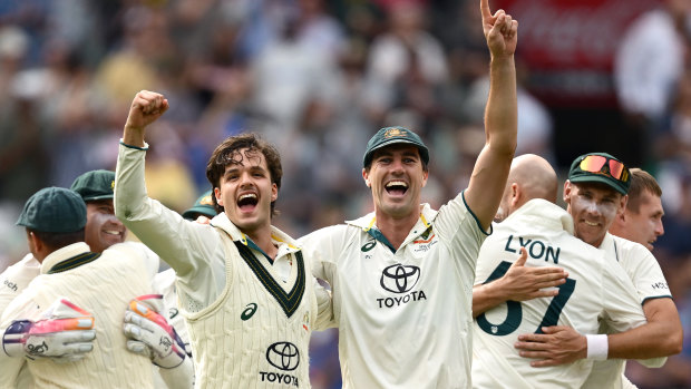 Sam Konstas and Pat Cummins celebrate Australia’s victory in the Men’s Fourth Test Match. 