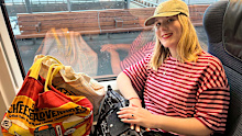Sarah travelling on the Eurostar Amsterdam to London