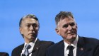  BHP chief executive Mike Henry with Ross McEwan, who takes over as chairman of the mining giant on Monday.