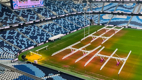 Heat lamps were stationed at the northern end of Allianz Stadium on Monday