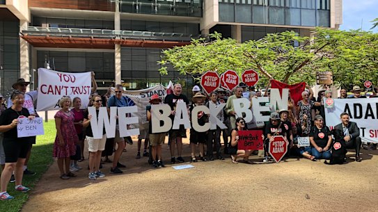 Stop Adani protesters outside the Supreme Court in Brisbane in support of Ben Pennings.