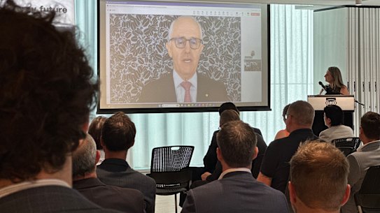 Former prime minister Malcolm Turnbull appearing via videolink at the ‘Pumped Storage: Powering Australia’s Energy Future’ conference at the GHD offices in Brisbane yesterday afternoon.