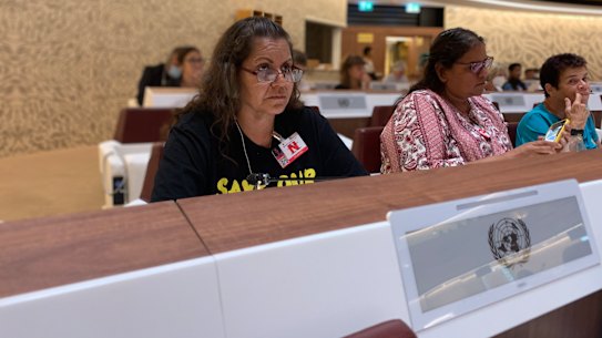 Former Murujuga Aboriginal Corporation chair Raelene Cooper speaks to the United Nations’ expert mechanism on the rights of Indigenous peoples about Murujuga.
