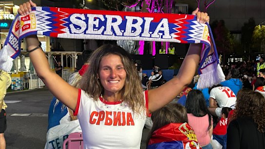 Dandenong’s Sara Djakovic at Melbourne Park cheering on her near-namesake, Novak Djokovic, in his blockbuster quarter-final.