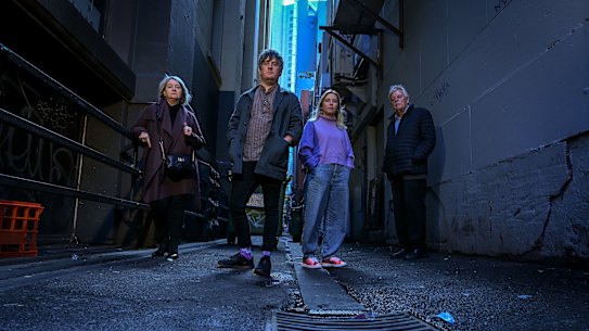 Melbourne residents, Jill Mellon-Robertson, Daniel Daly, Ashley Kotorac and Christopher Lamb, L to R, all live nearby to  Flinders Court, a popular location for drug users, and are backing a second injecting room in the CBD.