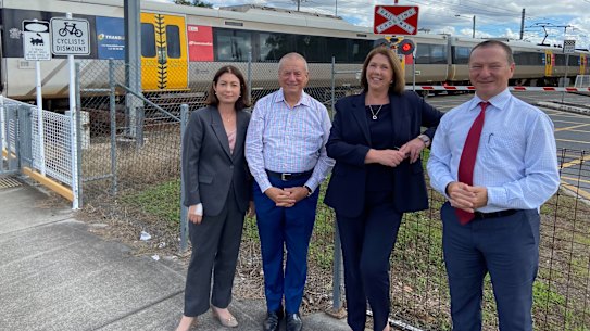 Federal Labor’s infrastructure spokeswoman Catherine King with Labor’s Griffith MP Teri Butler (left) state MP Peter Russo and Moreton MP Graeme Perrett where $233 million was announced to replace two level crossings if Labor wins the May 22 election.