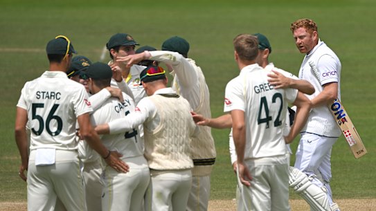 Jonny Bairstow looks displeased after Alex Carey had thrown down his stumps at Lord’s.