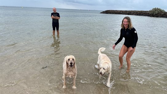 Kate Halfpenny with husband Chris, their Groodle Maggie and a local canine friend.