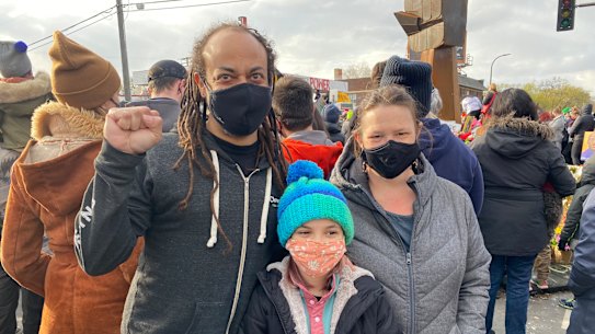 Minneapolis man Jud Kilgore with wife Katrina and daughter Luna, in George Floyd Square.