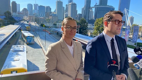 Brisbane City Council transport committee chair Ryan Murphy and deputy chair Danita Parry release modelling showing potential overcrowding on buses caused by 50 cent fares.