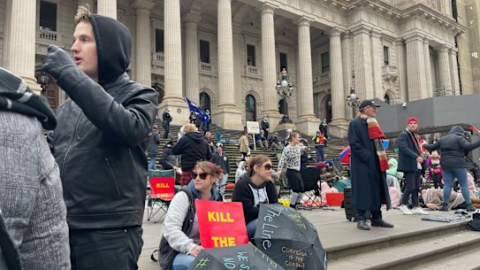 Protesters on the steps of parliament on Tuesday morning. 