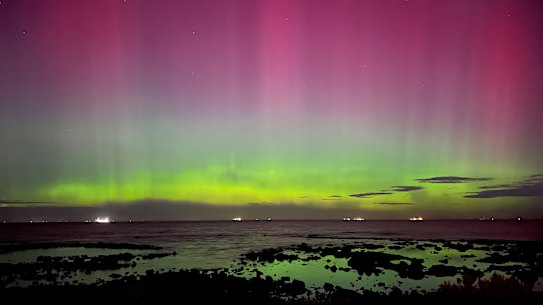 The aurora australis (southern lights) over Williamstown, Melbourne on Saturday.
