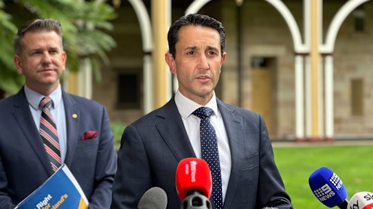 Premier-elect David Crisafulli addressing the media on Sunday morning, alongside his deputy Jarrod Bleijie.
