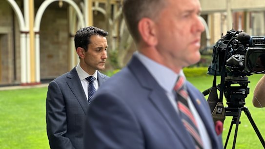 Premier-elect David Crisafulli and his deputy, Jarrod Bleijie, speak to the media at Parliament House on the morning after October’s state election.