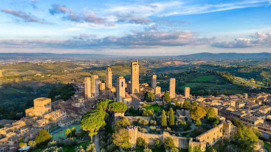 San Gimignano’s slender towers draw walkers to a welcome rest stop on the Via Francigena.