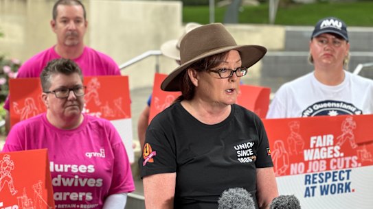 Queensland Council of Unions general secretary Jacqueline King speaking before the Queensland Labour Day march on Monday, May 5, 2025.
