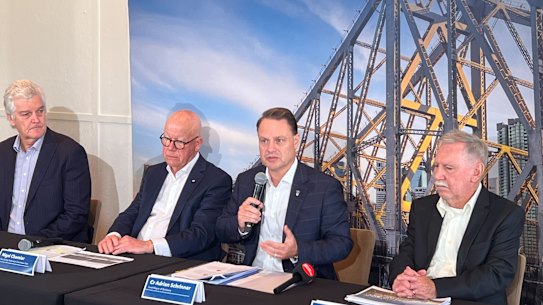 Brisbane Lord Mayor Adrian Schrinner in May presenting findings from a report independently commissioned by council into a restoration of the Story Bridge.