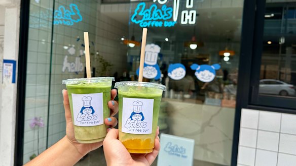 Pistachio matcha and mango matcha at Lola’s Coffee Bar in Kelvin Grove.