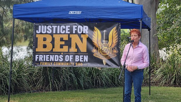 Hanson addresses the Justice for Ben event in Seventeen Mile Rocks in Brisbane.