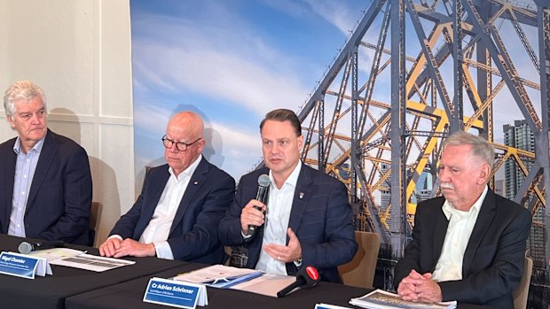 Brisbane Lord Mayor Adrian Schrinner in May presenting findings from a report independently commissioned by council into a restoration of the Story Bridge.