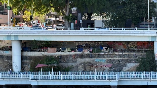 A makeshift homeless encampment under the Riverside Expressway.