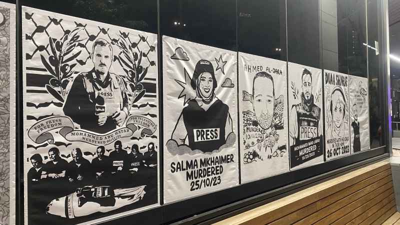 Portraits plastered on ABC Melbourne offices in Gaza protest