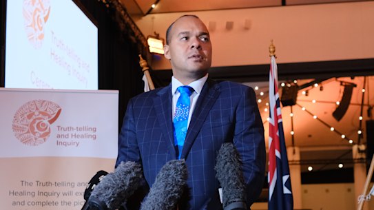 Queensland Truth-telling and Healing Inquiry chairperson Joshua Creamer speaks to journalists.