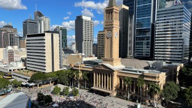A School Strike 4 Climate crowd gathers in King George Square in Brisbane on May 21, 2021.