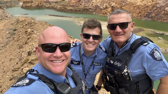 Sergeant Dan Major (centre) with Meekathara officers Constable Hemmings and Sergeant Davy.