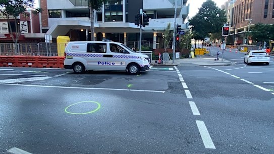 The crash site on Melbourne Street, just before the intersection with Cordelia Street.