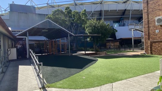 Historic East Brisbane State School exists in the Gabba’s shadow.