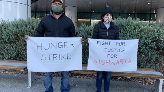 Aishwarya Aswath’s parents outside Perth Children’s Hospital. 