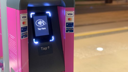 A smart ticketing reader, which allows people to tap on and off public transport using debit cards, credit cards and smart devices, as part of the Gold Coast tram trial.  