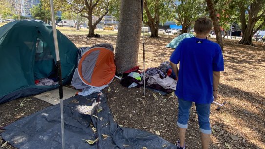Monic McLean living ina tent in Musgrave Park in South Brisbane. She has twice seen tents taken and dumped by council staff.