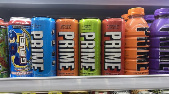 Cans of Prime Energy for sale in a Sydney CBD convenience store.