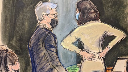 Defence attorney Jeffrey Pagliuca, left, confers with Ghislaine Maxwell during Maxwell’s sex trafficking trial, in New York. 